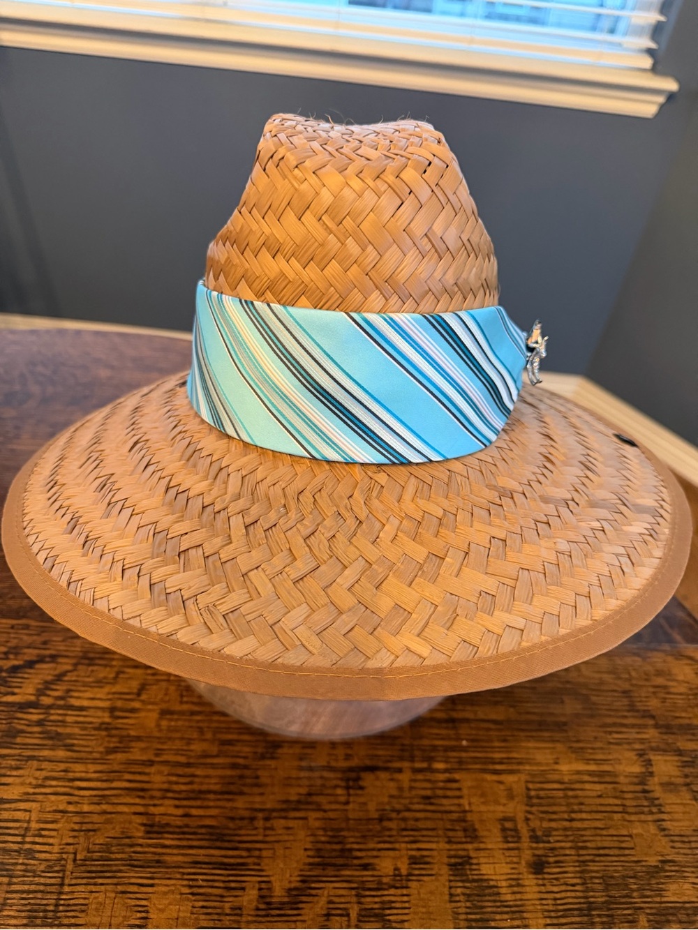 Riata Woven Straw Sun Hat with Aqua Striped Bow - Picture 2 of 12